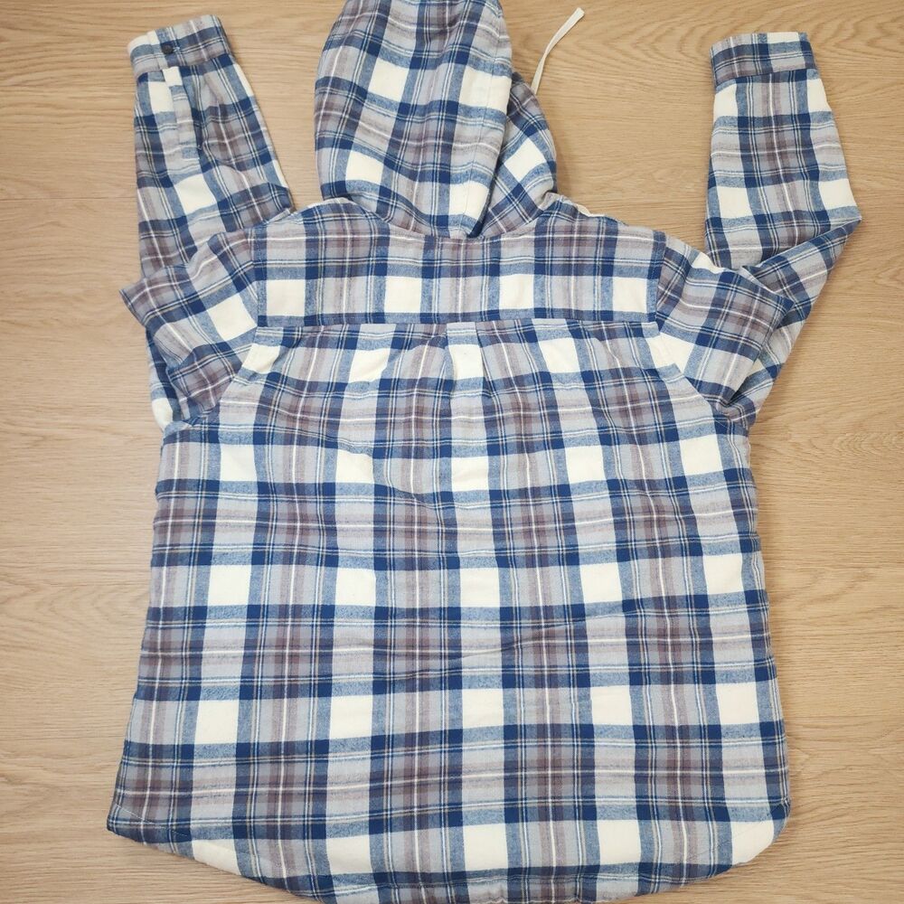 LL Bean Sherpa Lined Flannel Shirt Womens XL Blue Plaid Cozy Warm Jacket Hooded - Picture 4 of 12